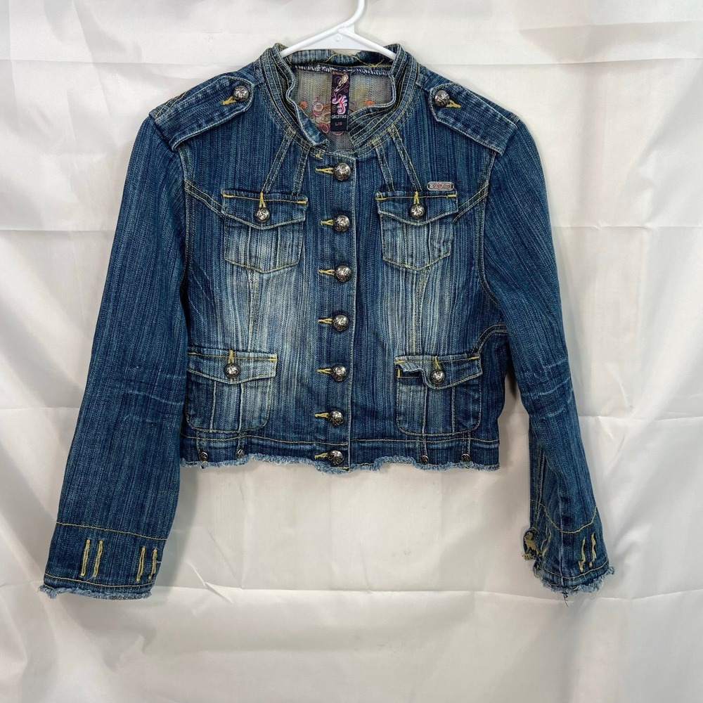 Akademiks girl's blue denim distressed embroidered cotton stretch‎ button jacket